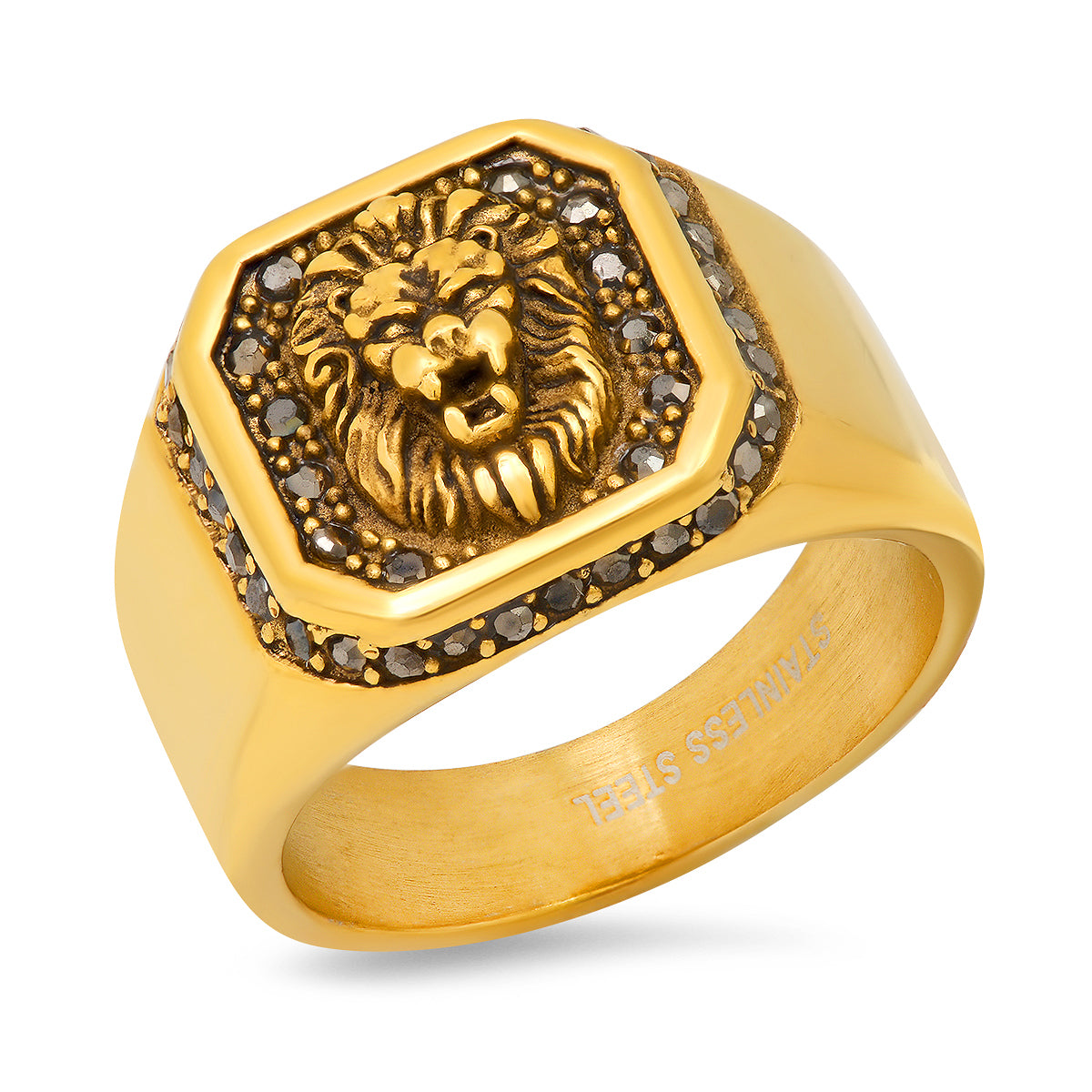 SteelTime Lion's Head Stone Accented Statement Ring