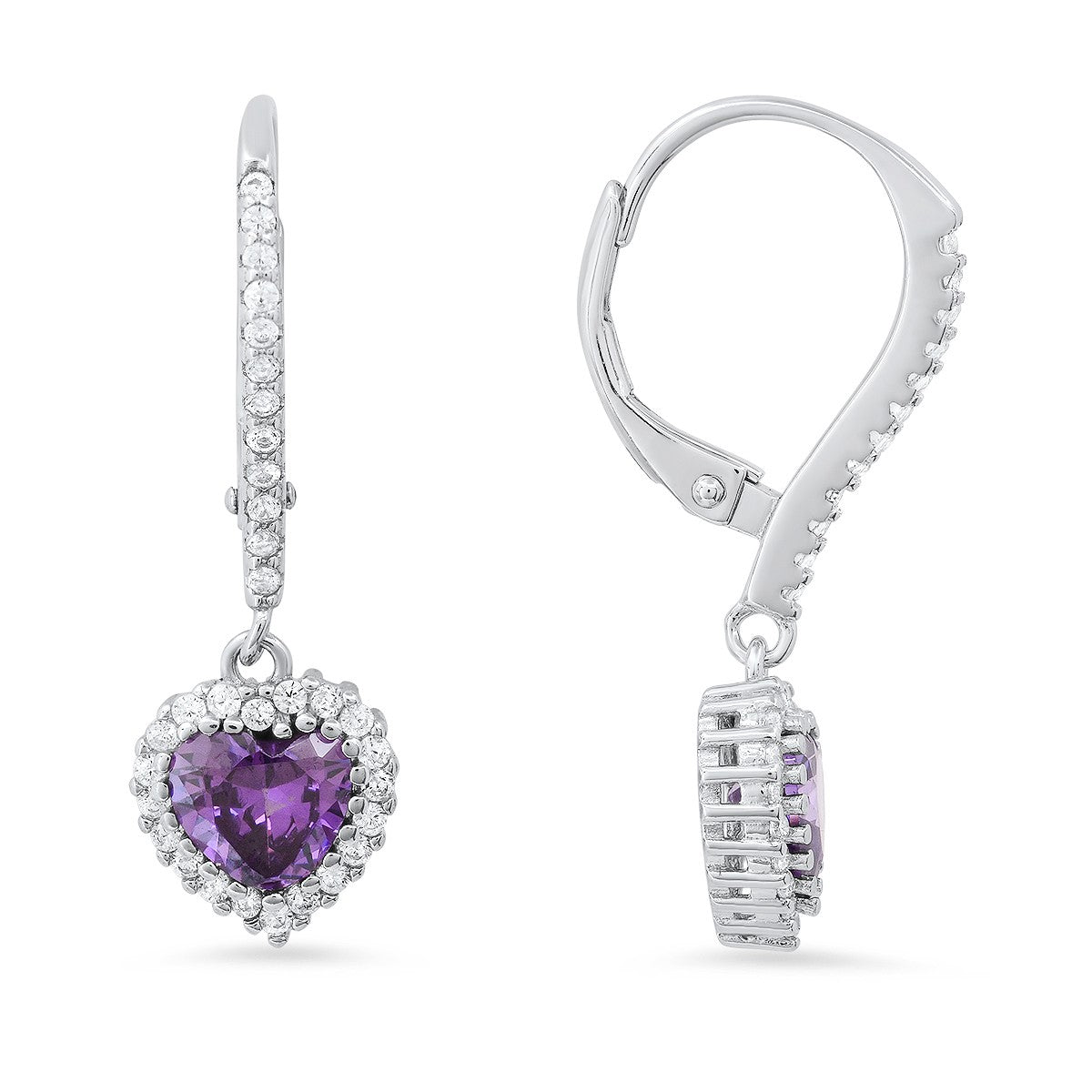 Sterling Silver Heart-cut Birthstone CZ Halo Leverback Earrings - Ruumur