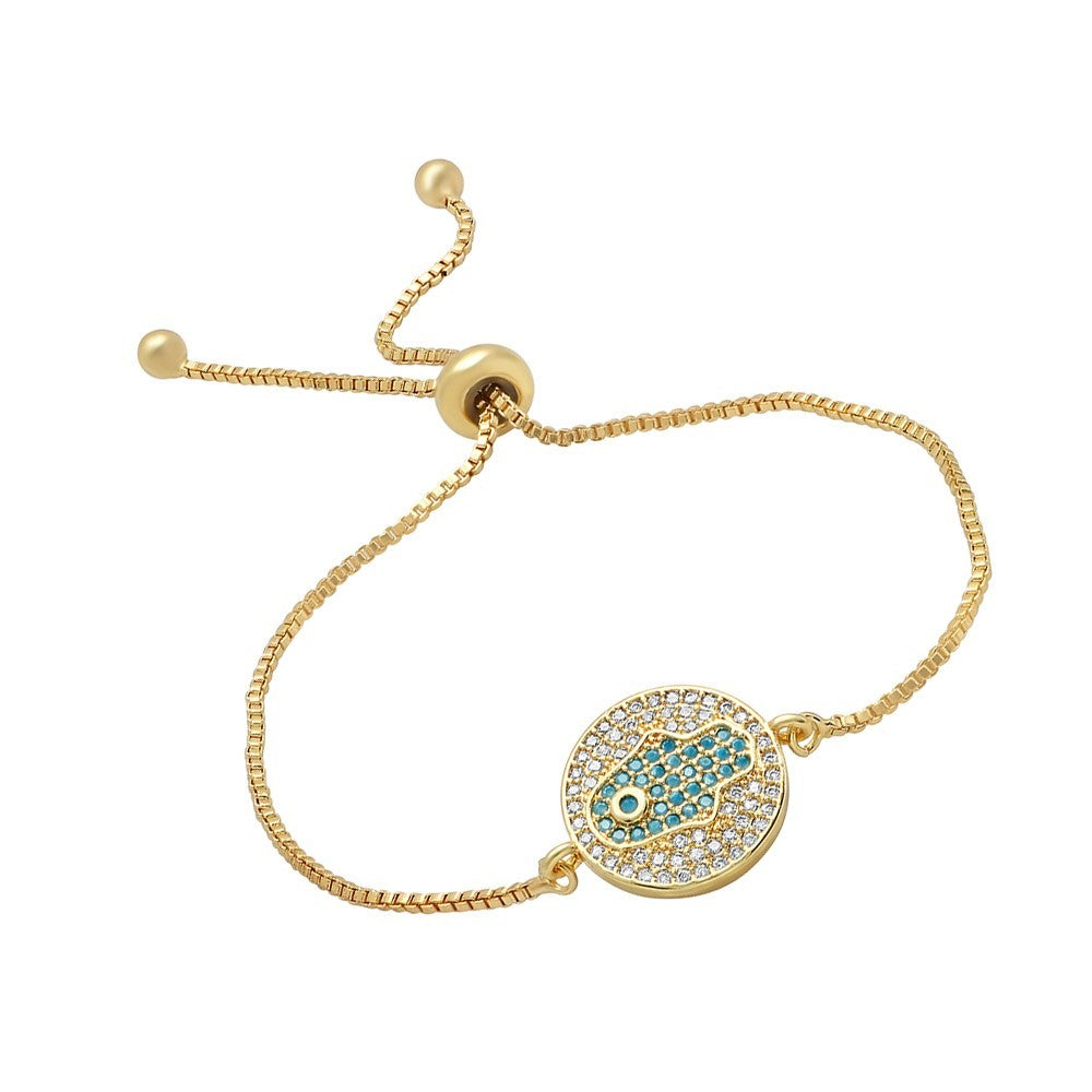 SteelTime Women's Brass White And Blue Simulated Diamond Hamsa Drawstring Bracelet