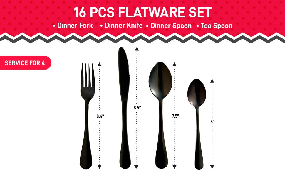 Safdie & Co. Silverware Flatware Cutlery Stainless Steel Black Onyx Round 16 piece Set