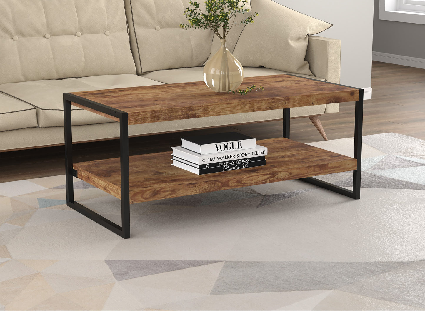 Safdie & Co. Coffee Table 47.25" Brown Reclaimed Wood Black Metal, Central Table for Living Room