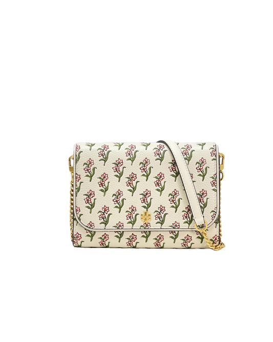 title:Tory Burch Block Print Ditsy Emerson Mixed-Print Chain Wallet;color:Block Print Ditsy