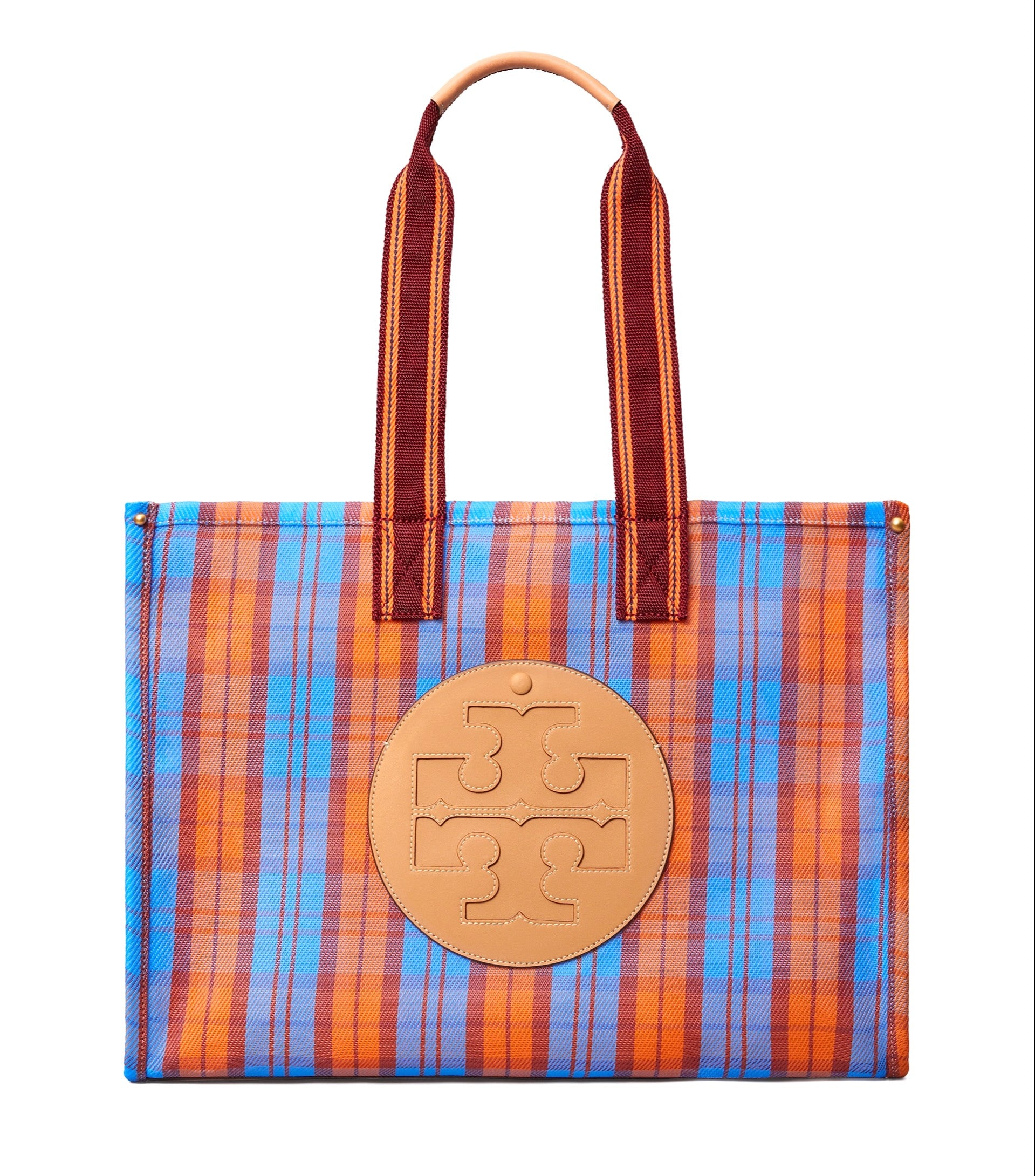 title:Tory Burch Blue, Orange Mercado Plaid Ella Mesh Market Tote Bag;color:Blue, Orange Mercado Plaid