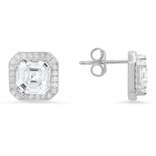 title:Sterling Silver Asscher-cut Halo Stud Earrings;color:Silver