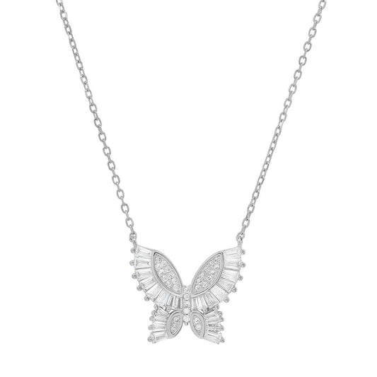 title:Sterling Silver Baguette Butterfly Necklace;color:Silver