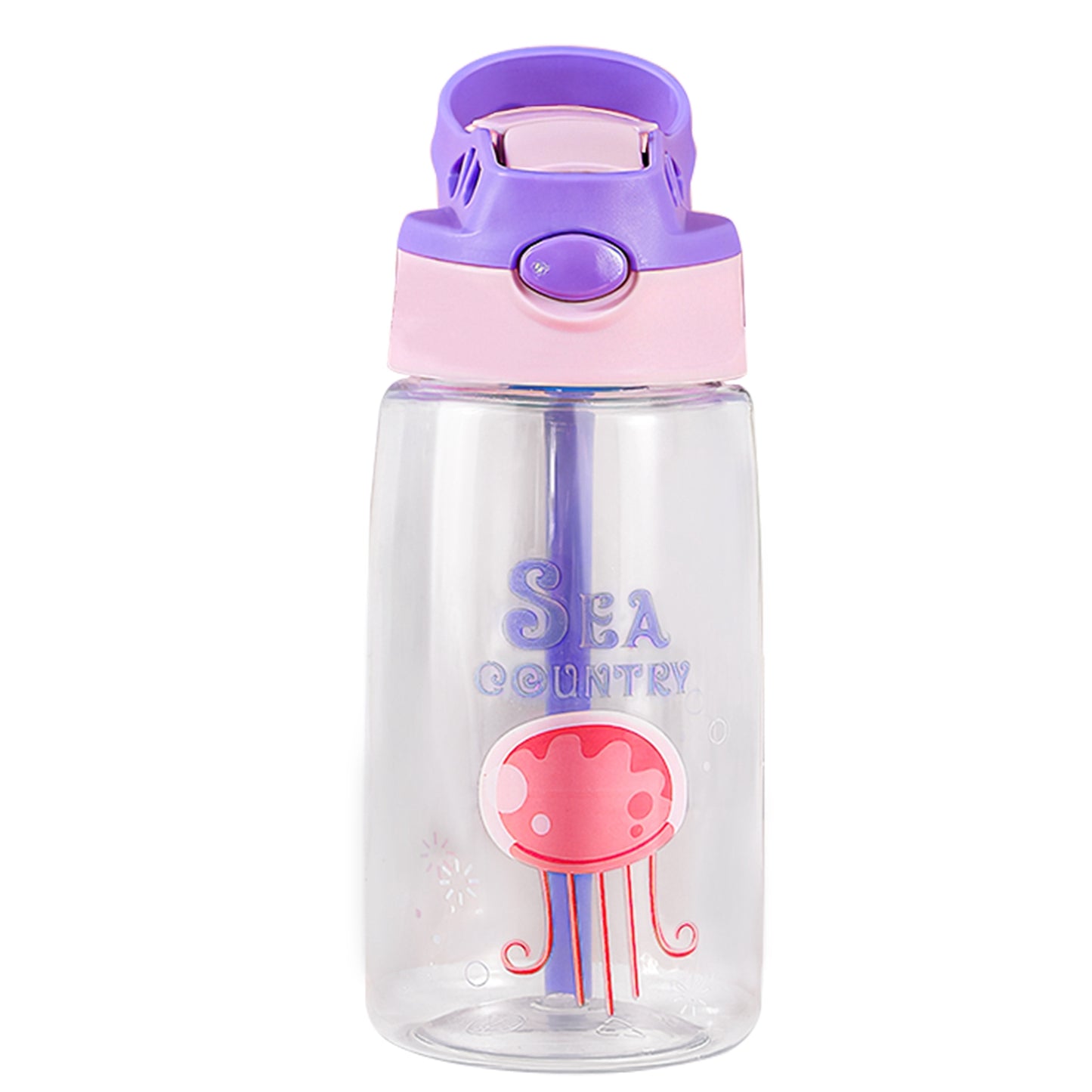 title:16.2Oz Leak-proof Kids Water Bottle with Straw Push Button Sport Water Bottle for Kids Crab Ship Jellyfish Rocket;color:Jellyfish