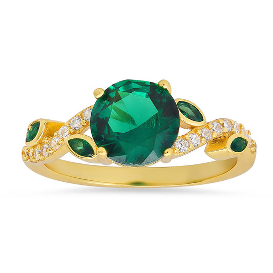 14k Gold Over Silver Emerald CZ Floral Ring - Ruumur