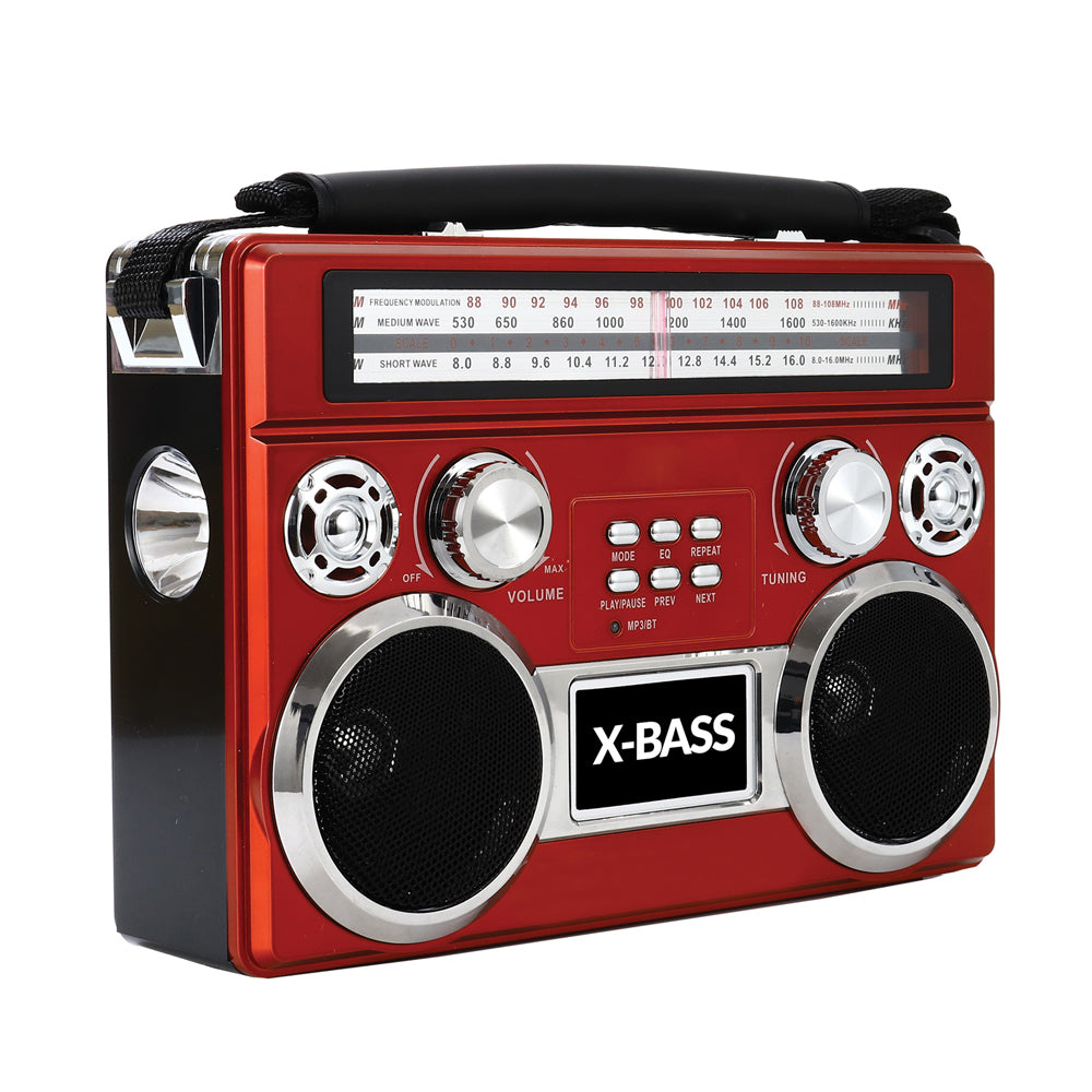 title:Supersonic Portable 3 Band Radio with Bluetooth and Flashlight;color:Red