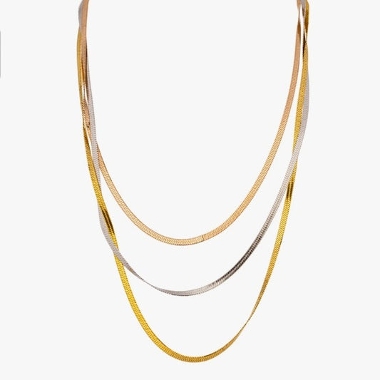 title:Tri-Tone Layered Herringbone Chain Necklace;color:Multi