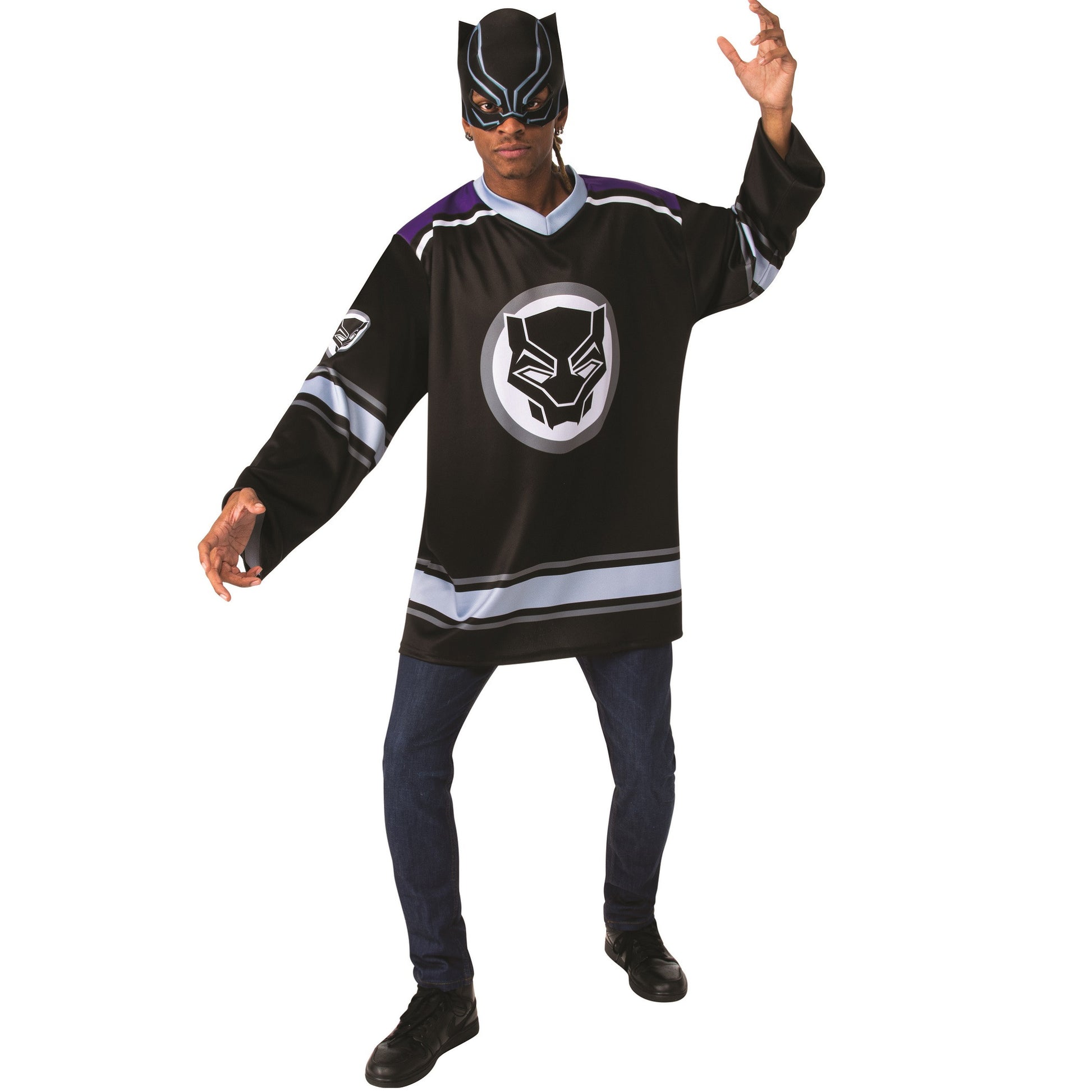 title:Black Panther Hockey Jersey and Mask;color:Black