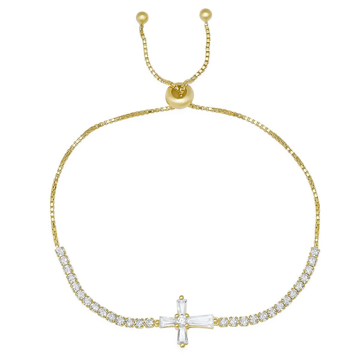 title:Sterling Silver Baguette CZ Cross Adjustable Bracelet;color:Gold