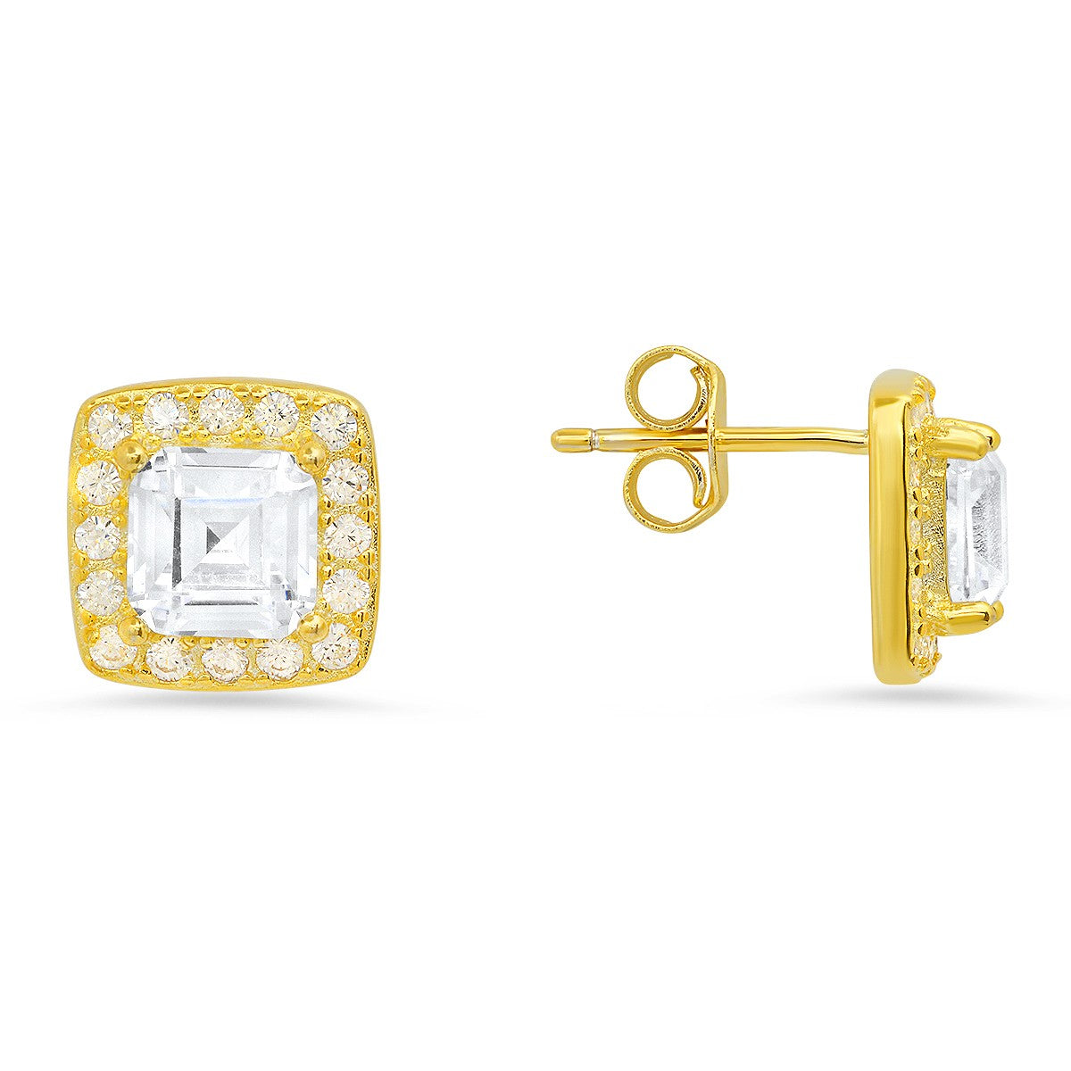 title:Sterling Silver Asscher-cut Halo CZ Stud Earrings;color:Gold