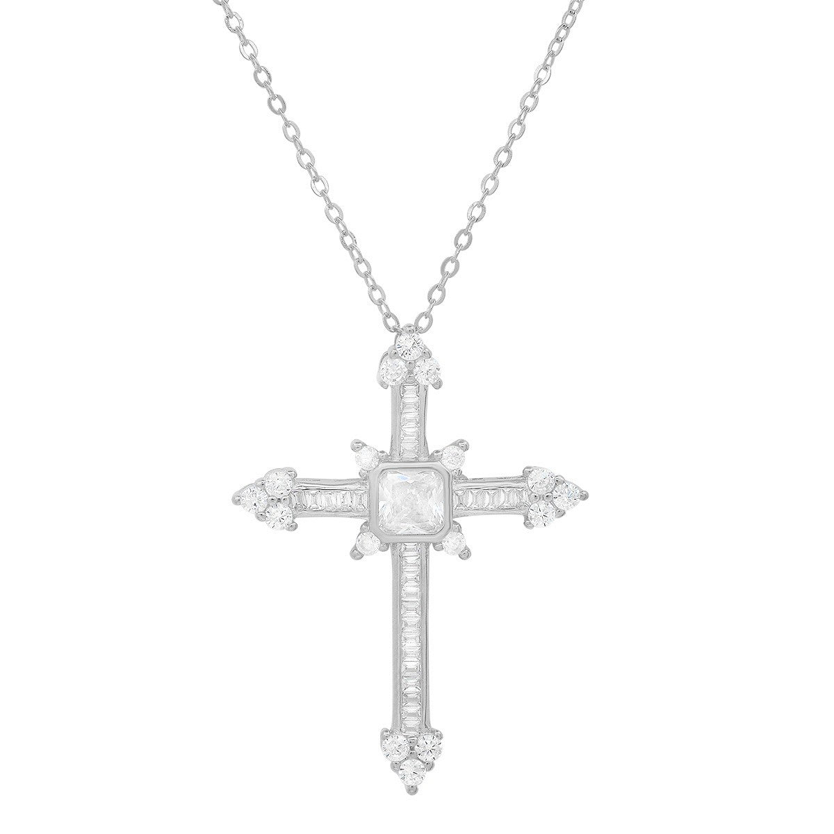 title:Sterling Silver Fancy CZ Cross Pendant;color:Silver