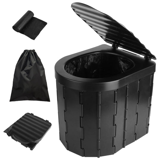 title:Foldable Emergency Toilet Portable Porta Potty for Car Travel Camping Boating Hiking Cleanable Travel Commode with Lid Carry Bag 1 Roll Garbage Bags;color:Black