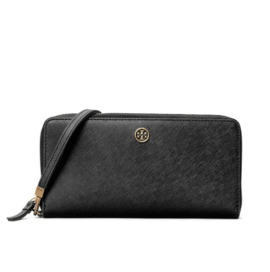 title:Tory Burch Black Robinson Passport Continental Wallet;color:Black