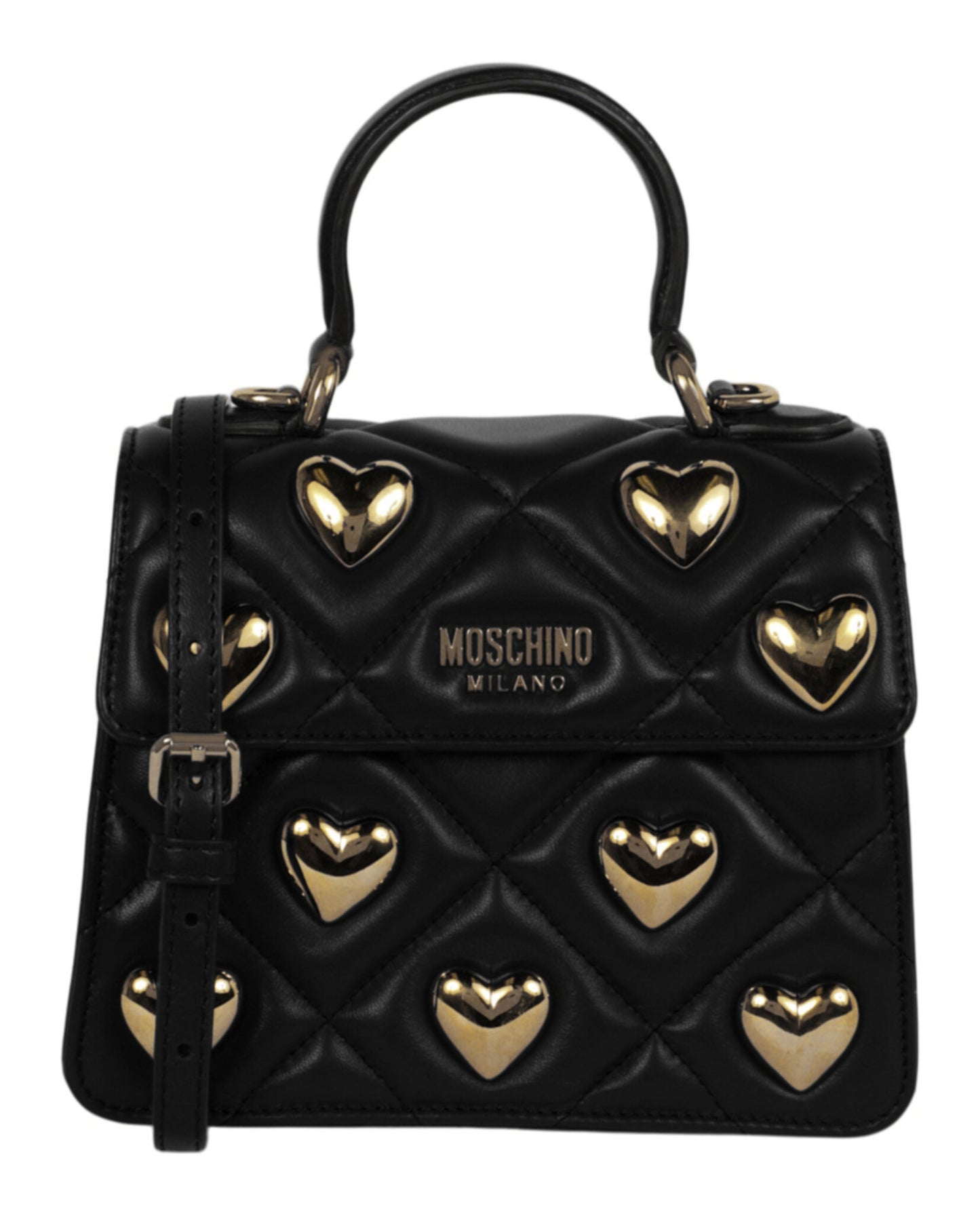 title:Moschino Heart Studs Quilted Shoulder Bag;color:Fantasy Print Black Square