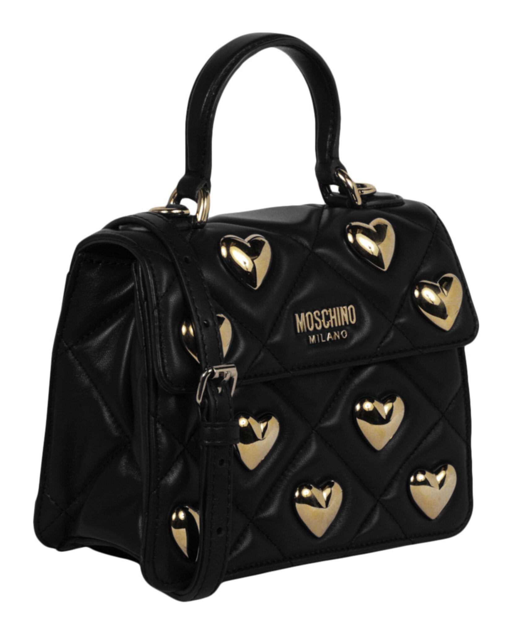 title:Moschino Heart Studs Quilted Shoulder Bag;color:Fantasy Print Black Square