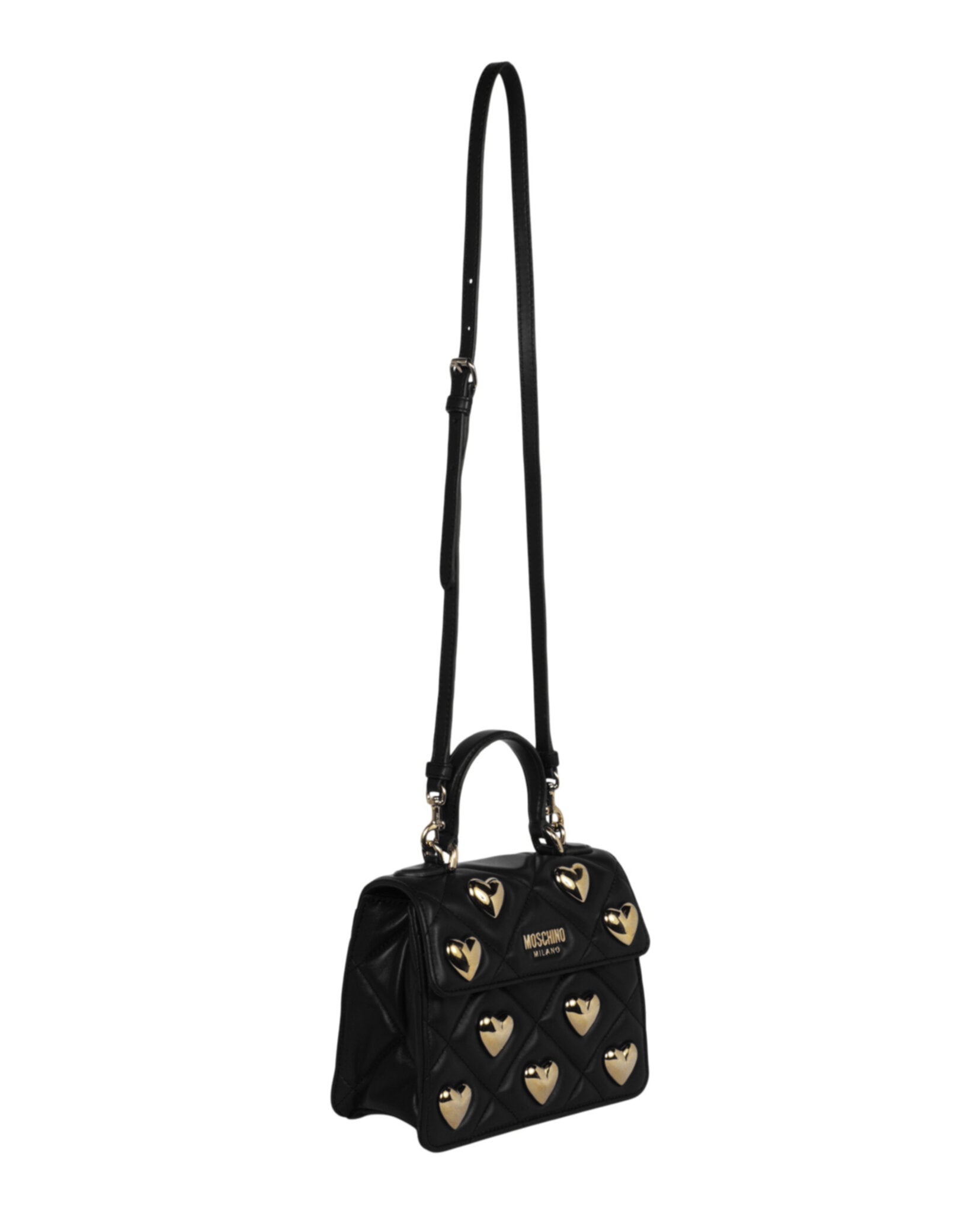 title:Moschino Heart Studs Quilted Shoulder Bag;color:Fantasy Print Black Square