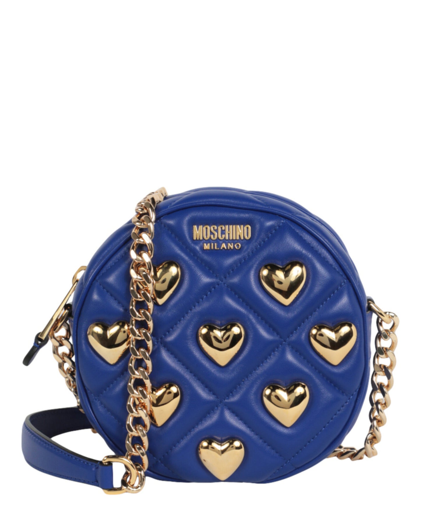 title:Moschino Heart Studs Quilted Shoulder Bag;color:Blue Round