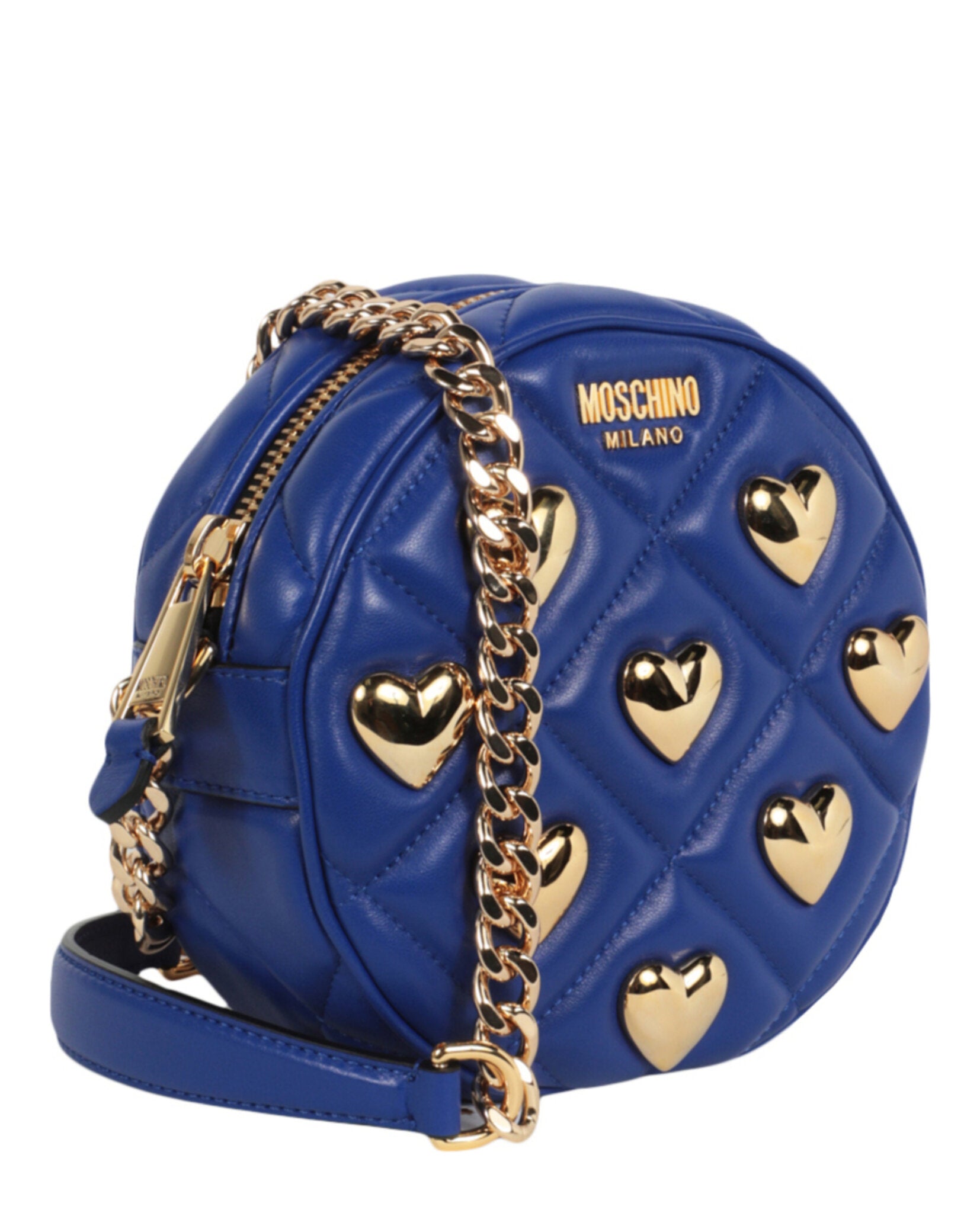 title:Moschino Heart Studs Quilted Shoulder Bag;color:Blue Round