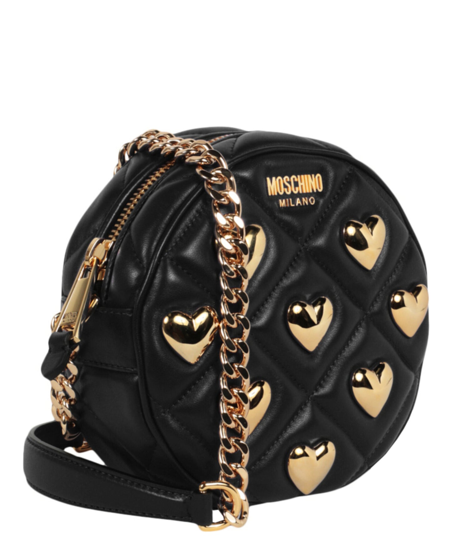 title:Moschino Heart Studs Quilted Shoulder Bag;color:Fantasy Print Black Round