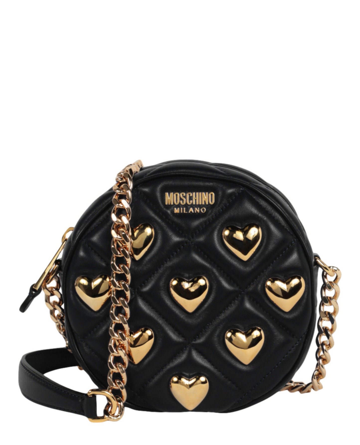 title:Moschino Heart Studs Quilted Shoulder Bag;color:Fantasy Print Black Round