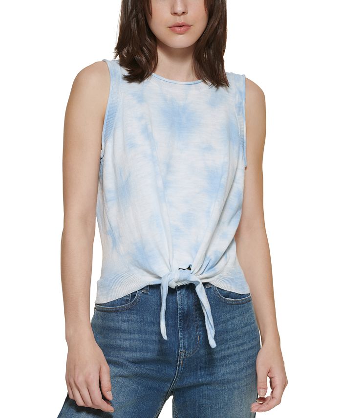 DKNY Women's Tie Dye Tie Hem Cotton Top White Size XX-Small