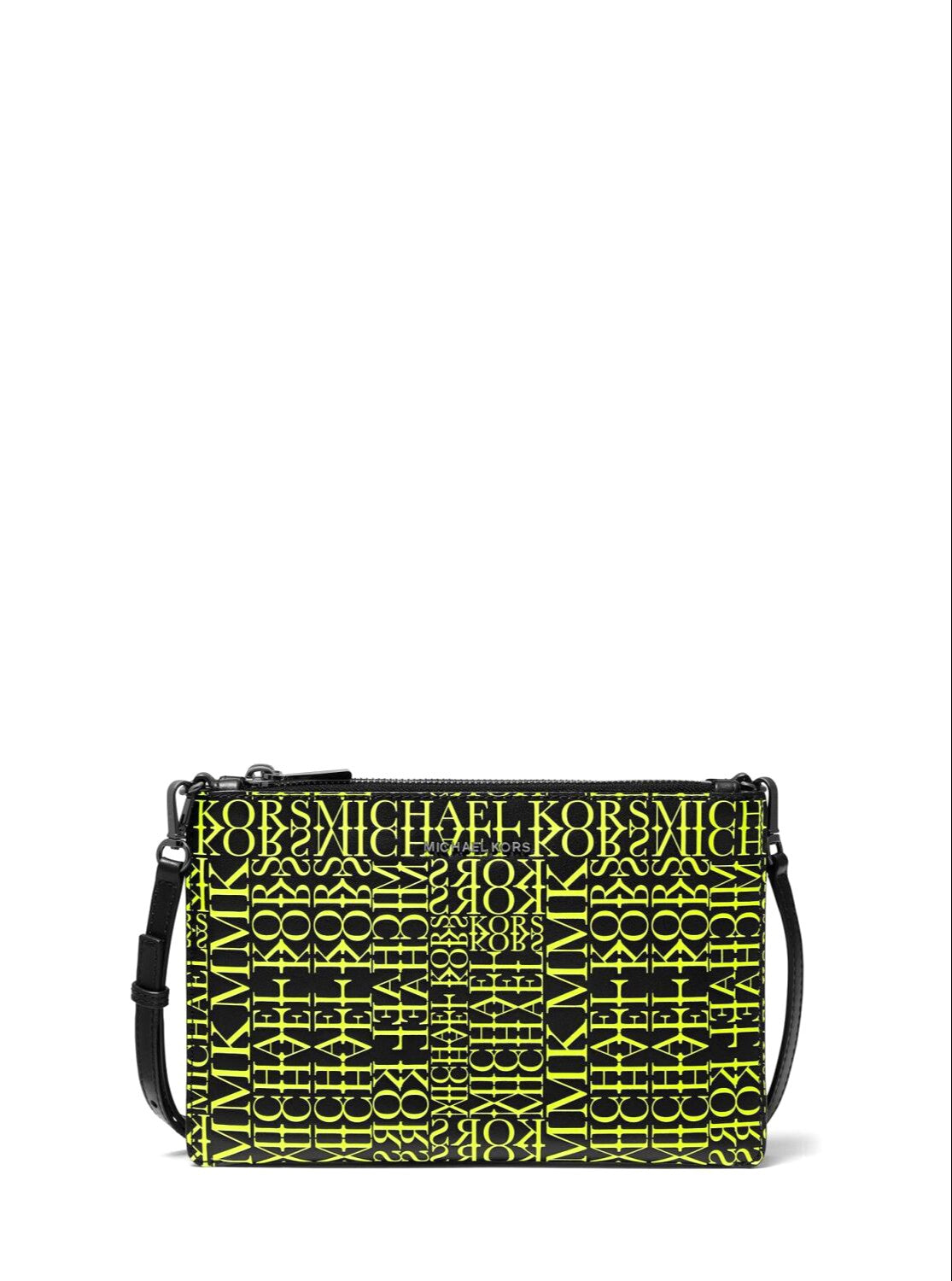 title:Michael Kors Women's Black & Neon Yellow Adele Newsprint Logo Leather Crossbody Bag;color:Black / Neon Yellow