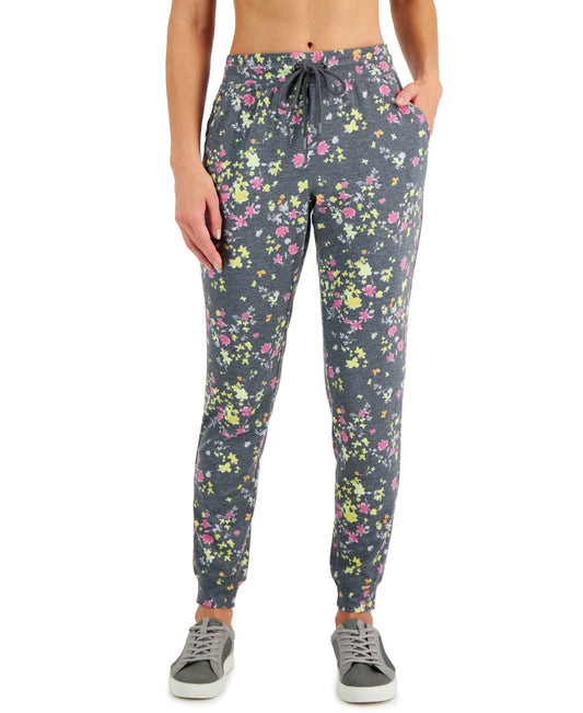 ID Ideology Women's Floral Print Pansy Slim Fit Drawstring Jogging Pants Gray Size X-Small