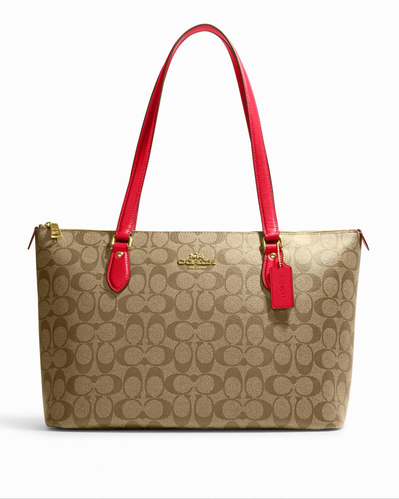 title:Coach Women's Khaki & Electric Red Gallery Tote In Signature Canvas;color:Khaki / Electric Red