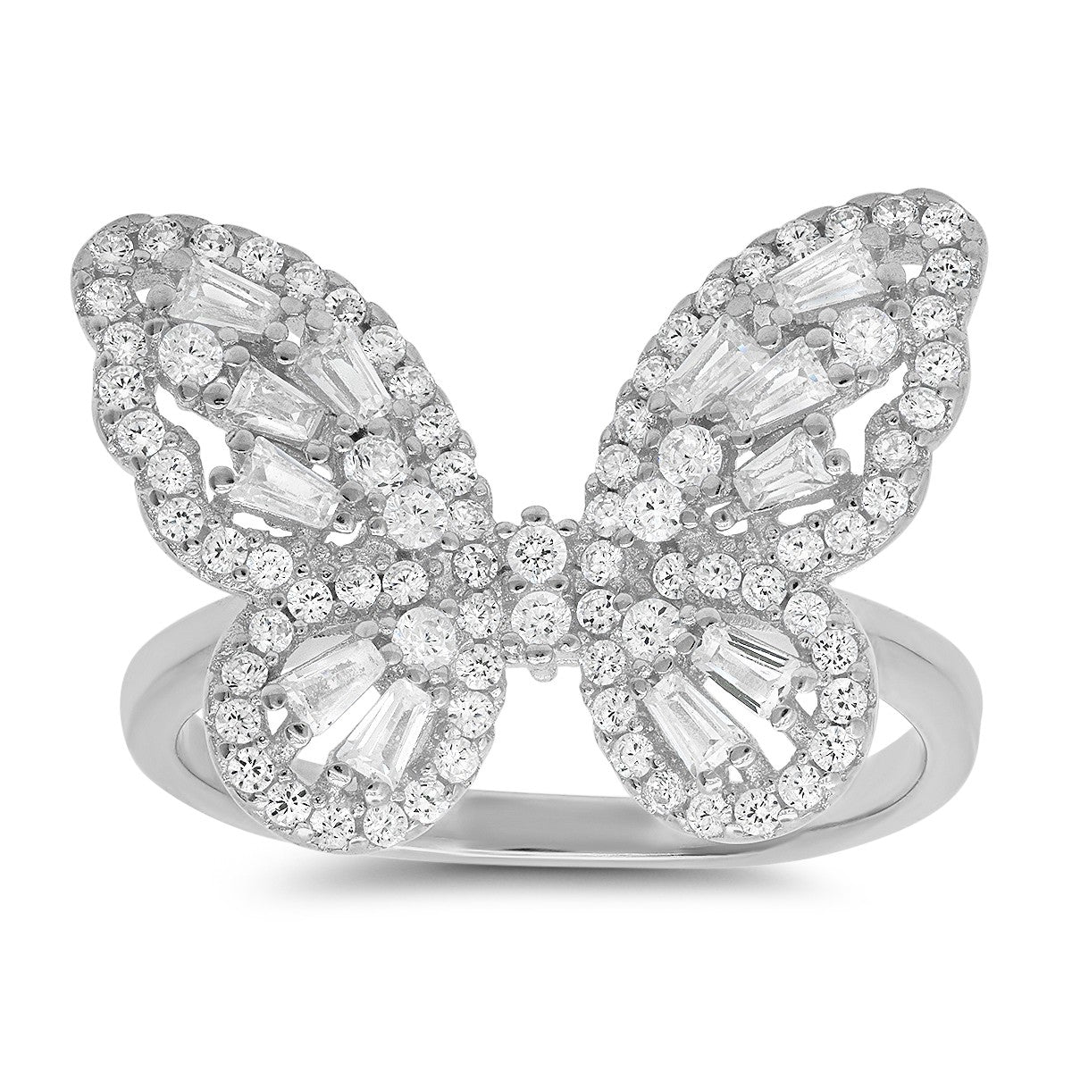 Sterling Silver CZ Baguette Butterfly Ring - Ruumur