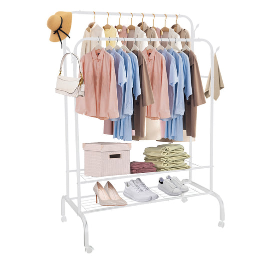 title:Garment Hanging Rack Clothing Hanging Rail Pillow Shoe Display Organizer Clothes Organizer Stand with 2 Rails 2 Shelves 4 Rolling Wheels 4 Hooks;color:White