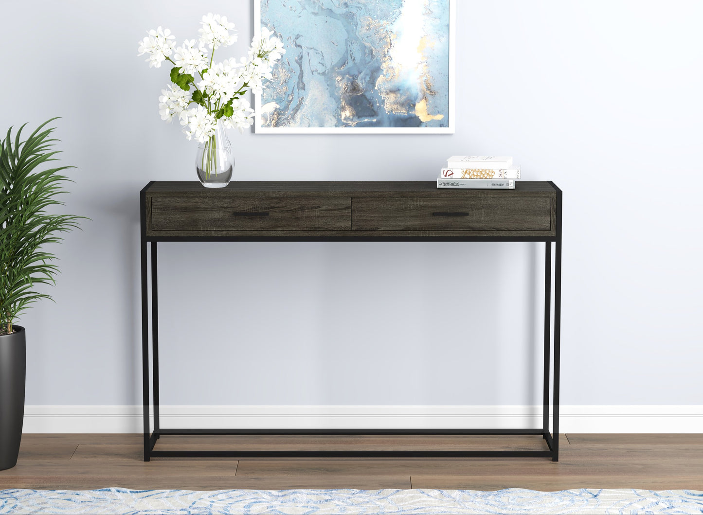 Safdie & Co. Console Table 48L Dark Grey Wood 2 Drawers Black Metal