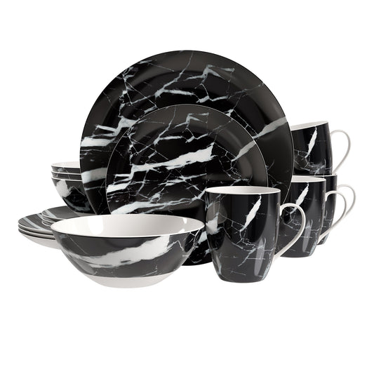 Safdie & Co. Dinnerware Set 16Piece Black Marble, Service for 4