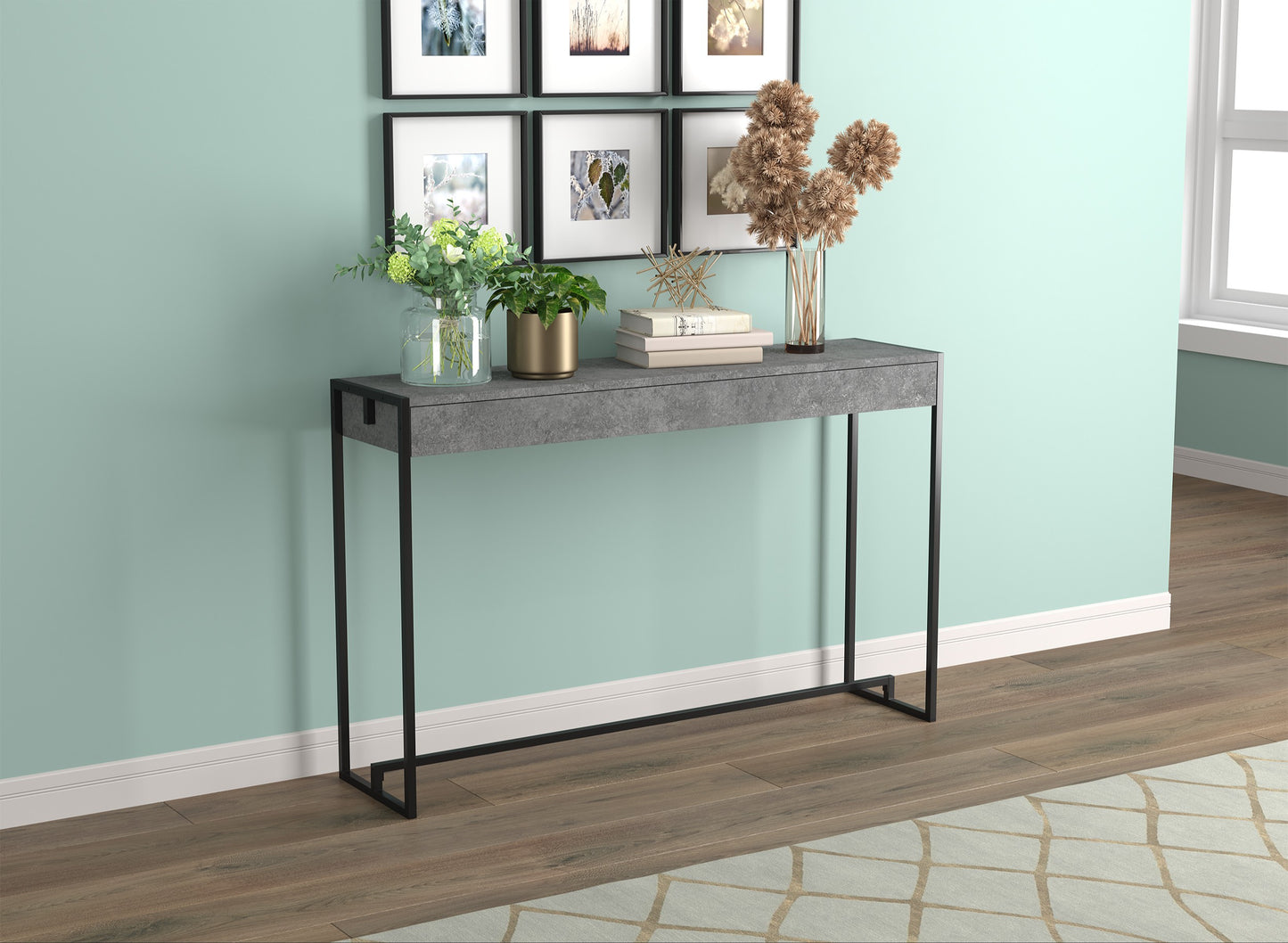 Safdie & Co. Console Table 47" Dark Cement Black Metal, Entryway or Sofa Table for Living Room