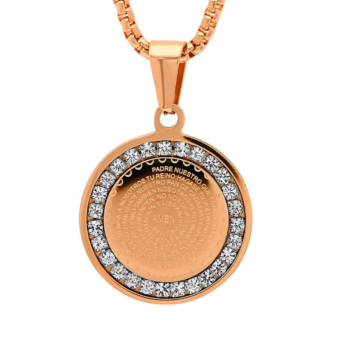 SteelTime SteelTime Women's Stainless Steel Padre Nuestro Prayer Round Pendant With Simulated Diamonds