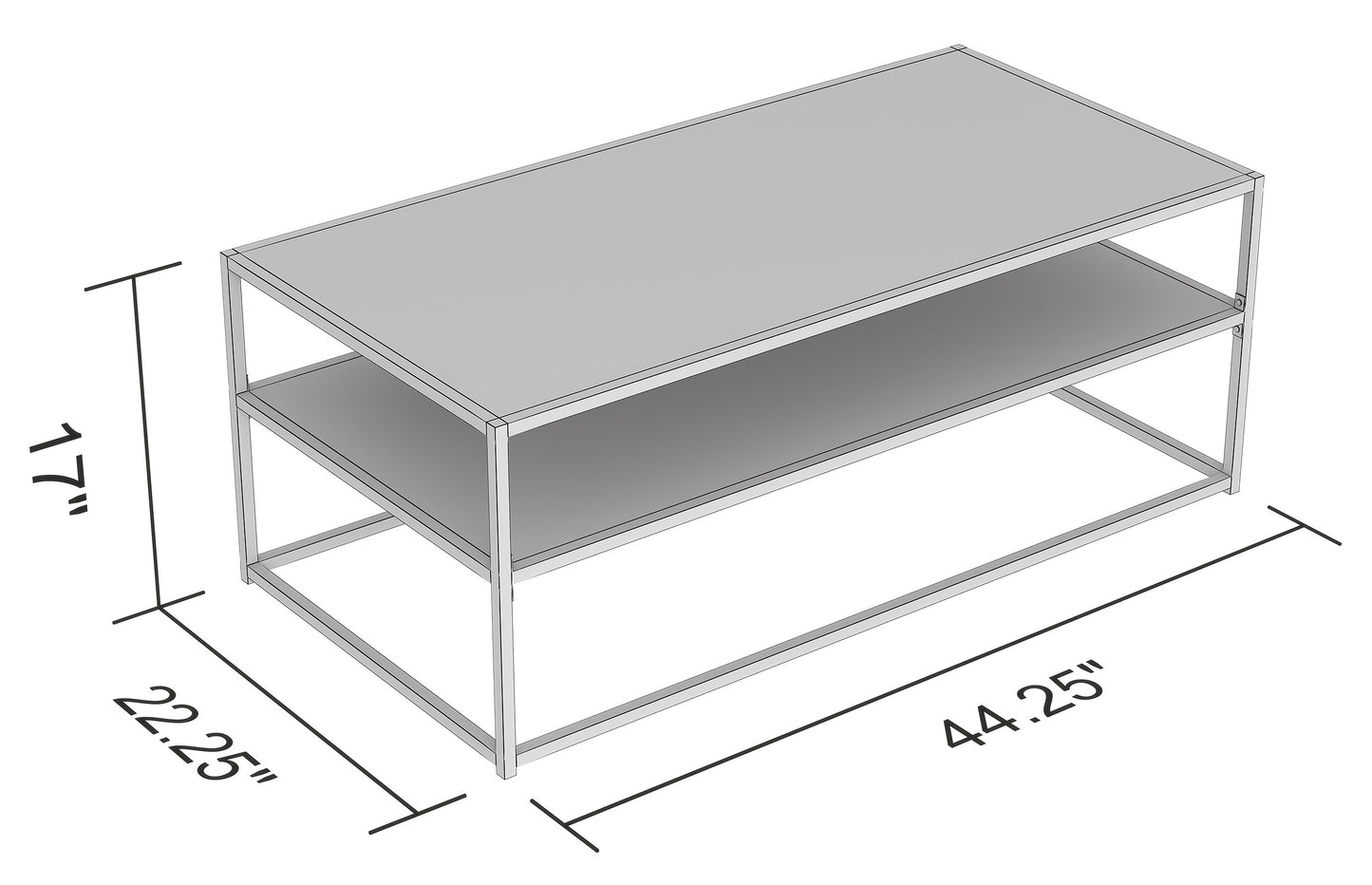 Safdie & Co. Coffee Table 47.25L Dark Cement 1 Shelf Glass Top Black Metal