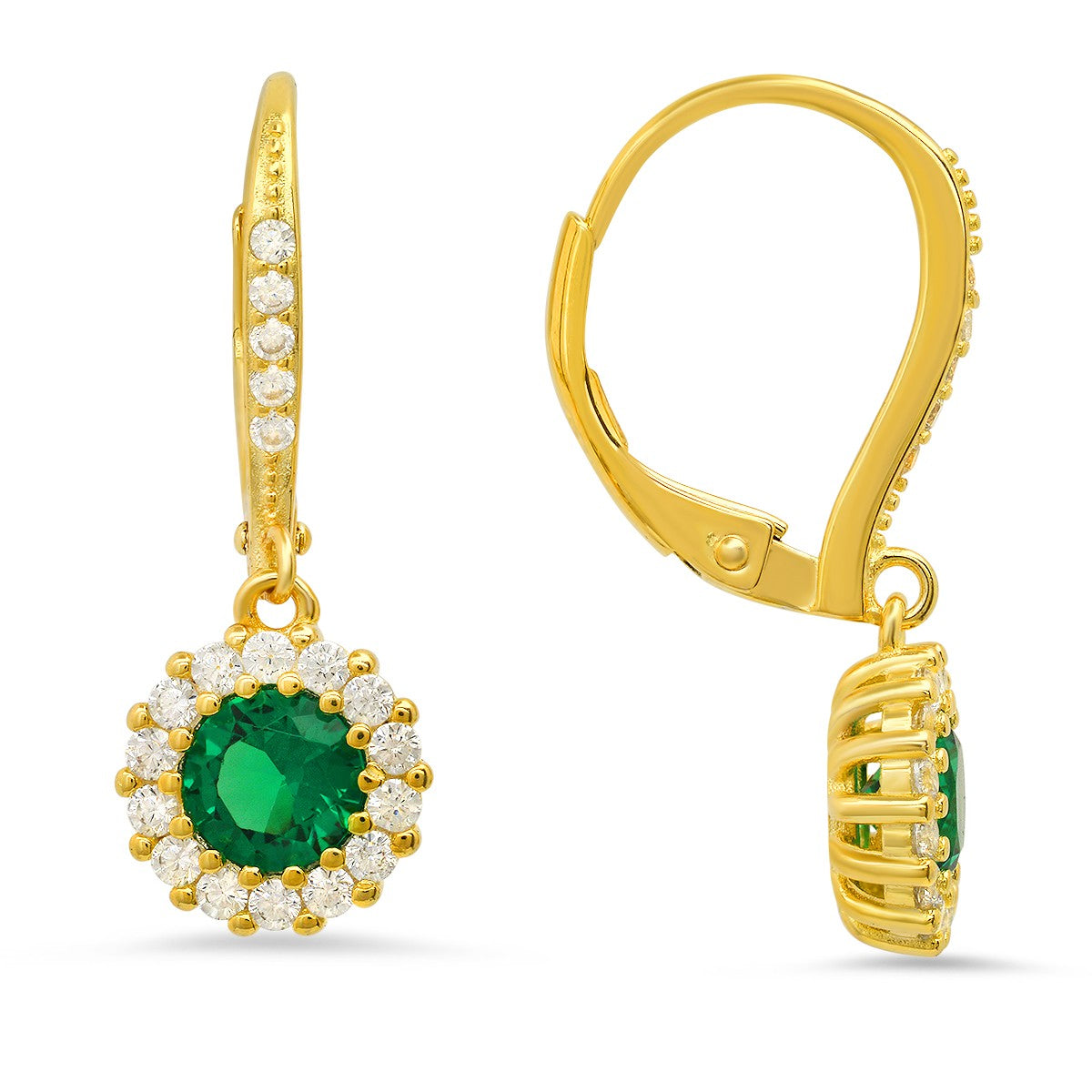 title:14k Yellow Gold Over Silver Emerald CZ Halo Leverback Earrings;color:not applicable