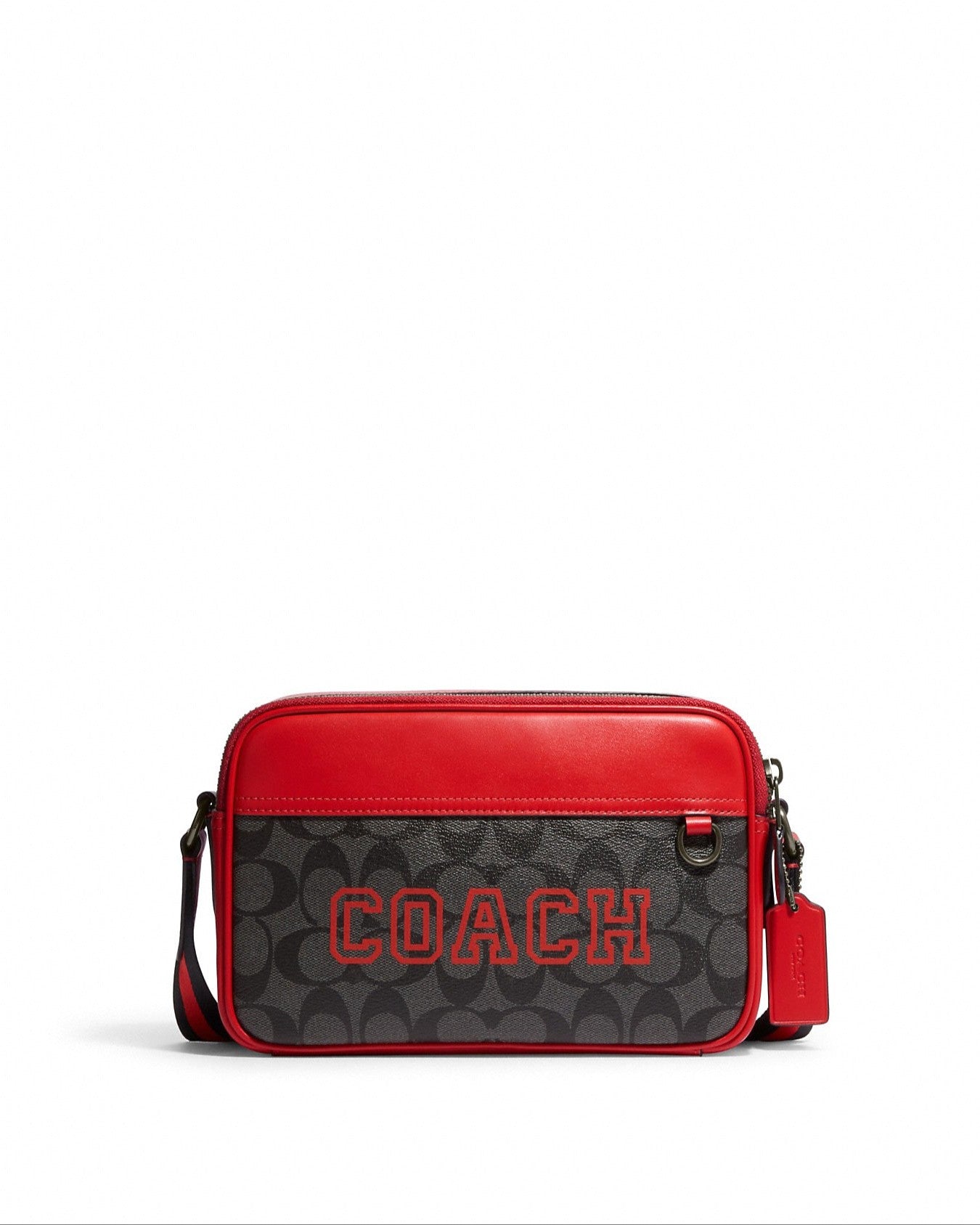 title:Coach Women's Black Antique Nickel & Charcoal & Bright Poppy Graham Crossbody In Signature Canvas With Varsity Motif;color:Black Antique Nickel / Charcoal / Bright Poppy