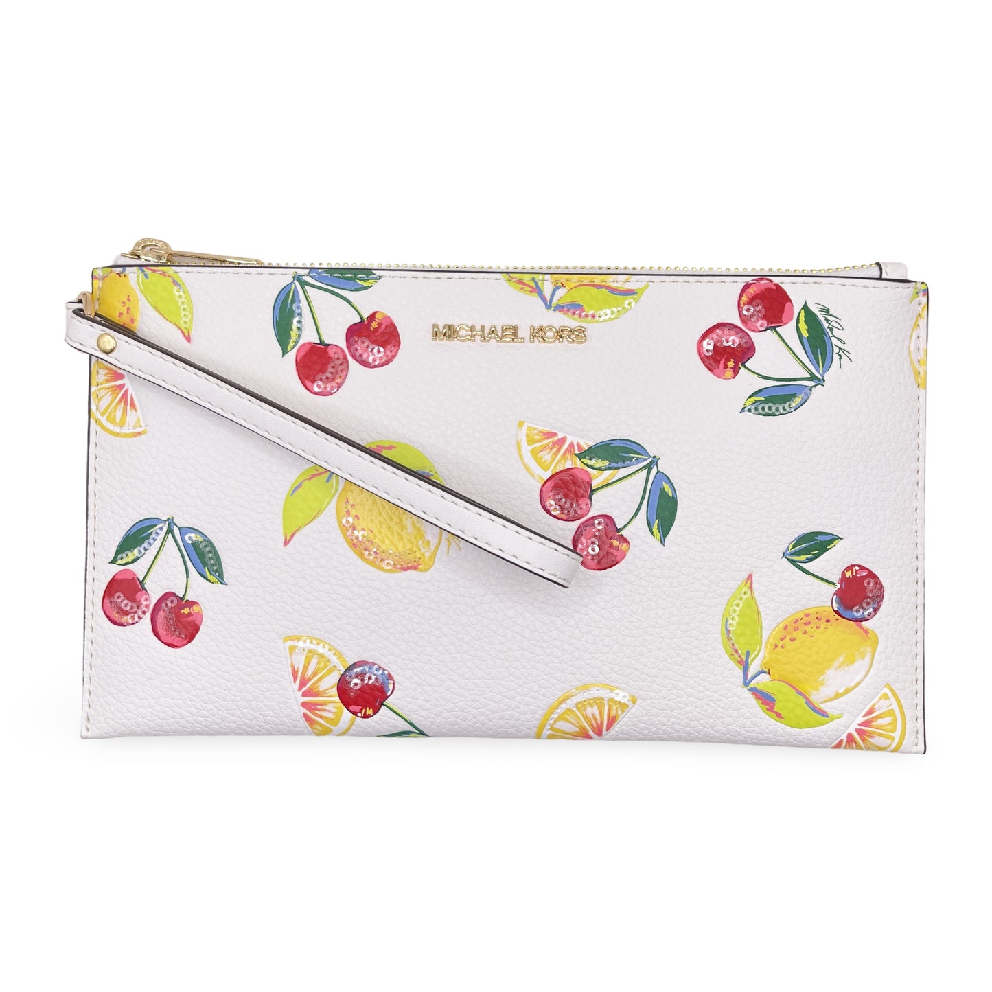 title:Michael Kors Women's Jet Set Travel Large Sequined Fruit Print Wristlet;color:Optic White