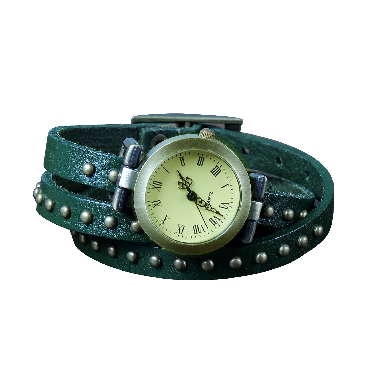 title:Fashionable Rivet Leather Belt Retro Watch Hand Chain-green;color:Green