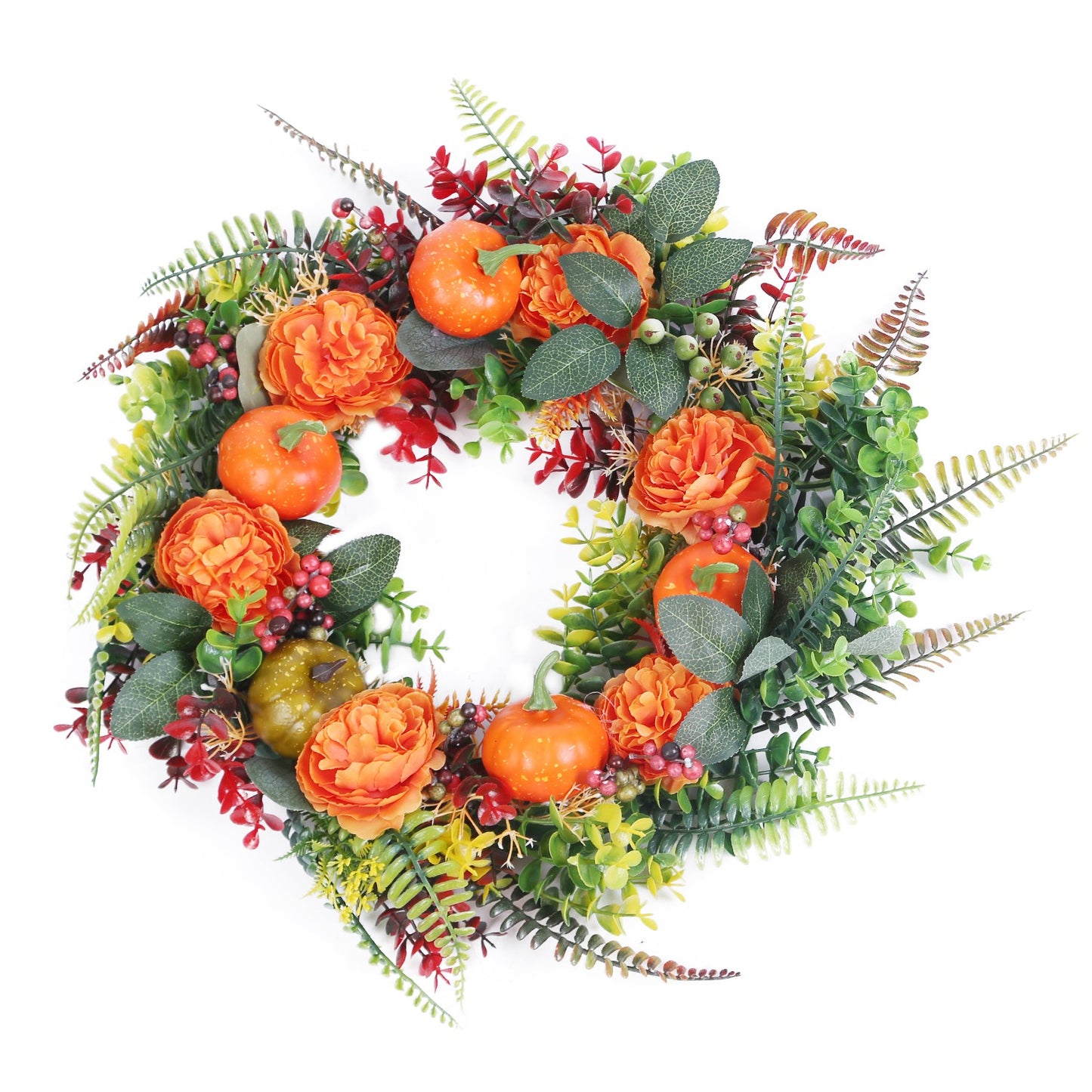 title:17.71IN Autumn Wreath with Pumpkin Mixed Leaves Berries Flowers Fall Decoration for Indoor Outdoor Window Wall Front Door in Halloween Thanks Giving D;color:Multi