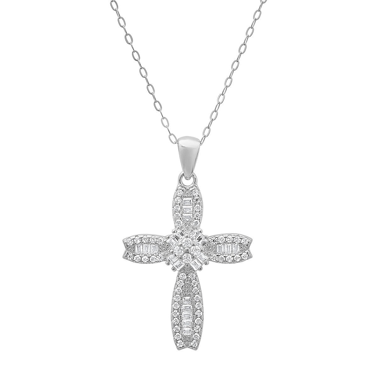 title:Sterling Silver Petite Luxurious Baguette-cut CZ Cross Pendant;color:Silver