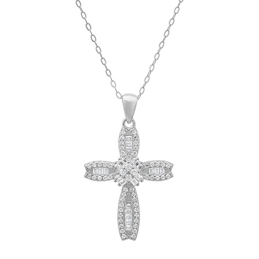 title:Sterling Silver Petite Luxurious Baguette-cut CZ Cross Pendant;color:Silver