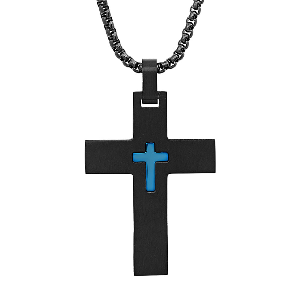 Black Ion Plated Center Cross Pendant Necklace