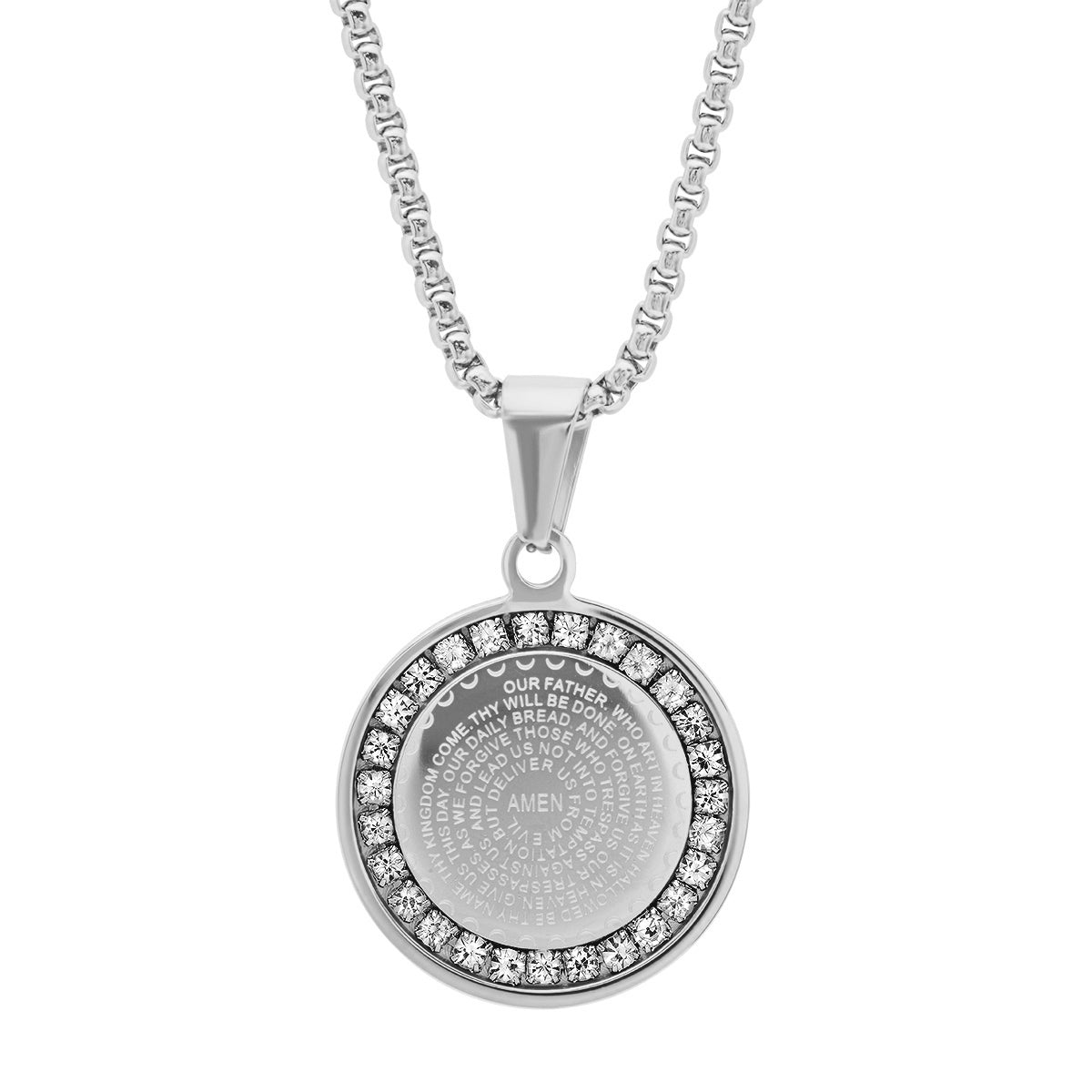 SteelTime SteelTime Women's Stainless Steel Our Father Prayer Round Pendant With Simulated Diamonds