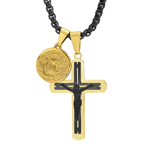 St. Benedict Medallion + Crucifix Pendant Necklace