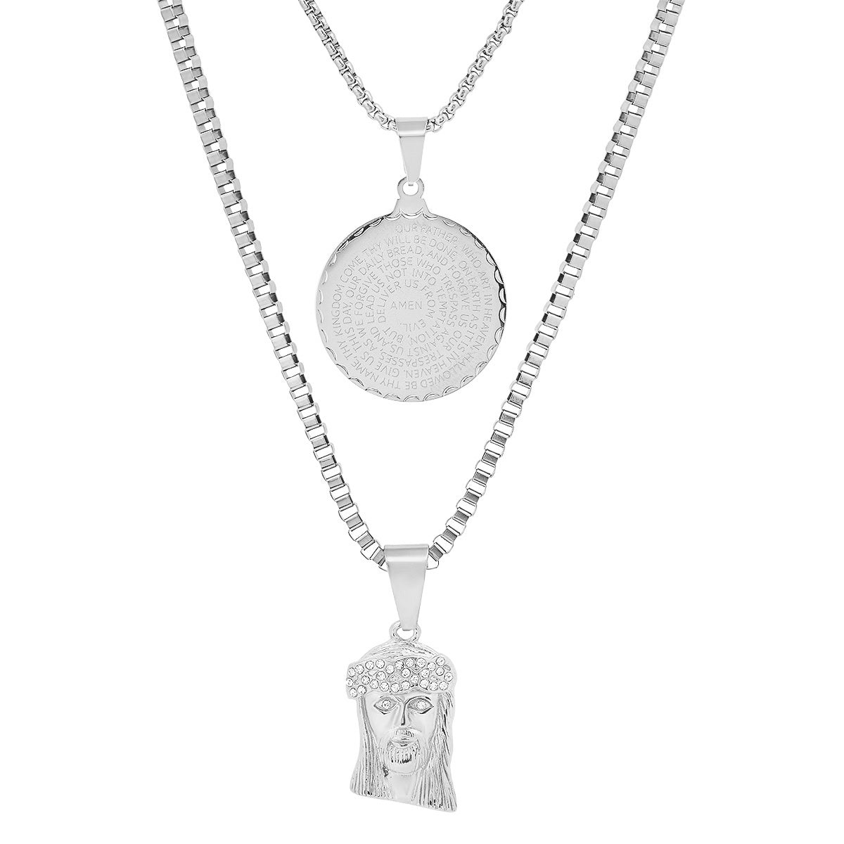 Iced Out Jesus Piece + Lords Prayer Double Pendant Stack Necklace