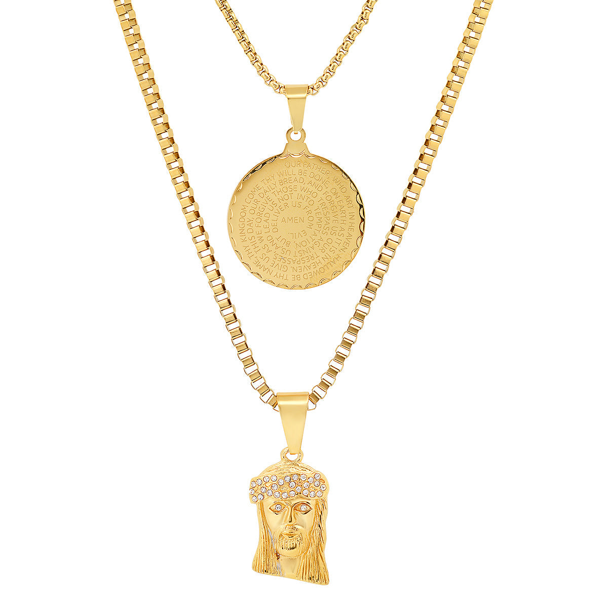 Iced Out Jesus Piece + Lords Prayer Double Pendant Stack Necklace