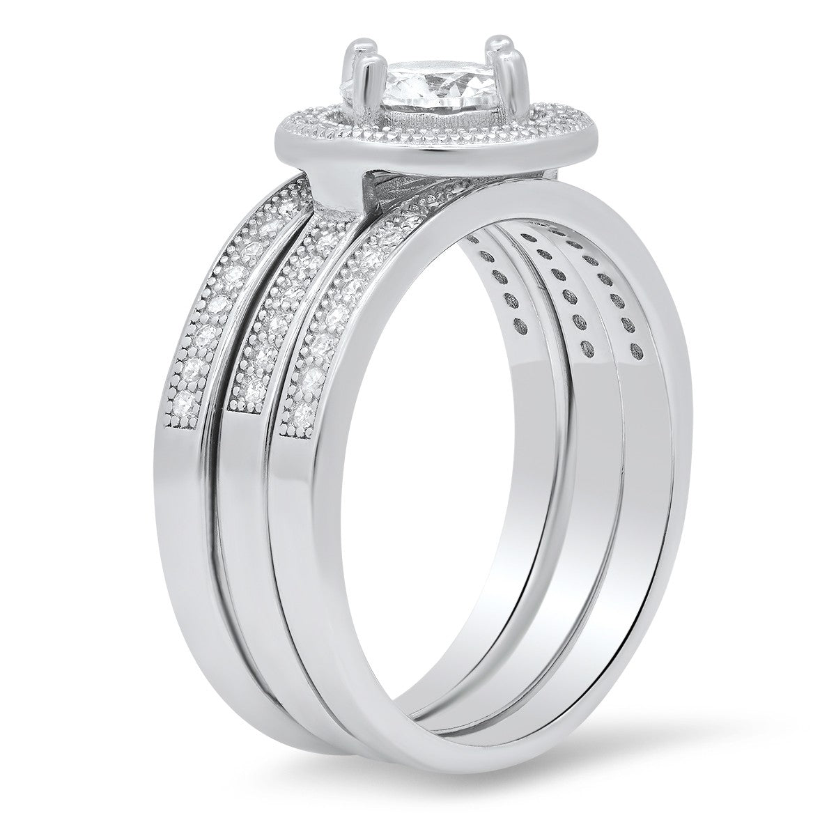 Sterling Silver Round CZ Halo 3pc Stackable Ring Set